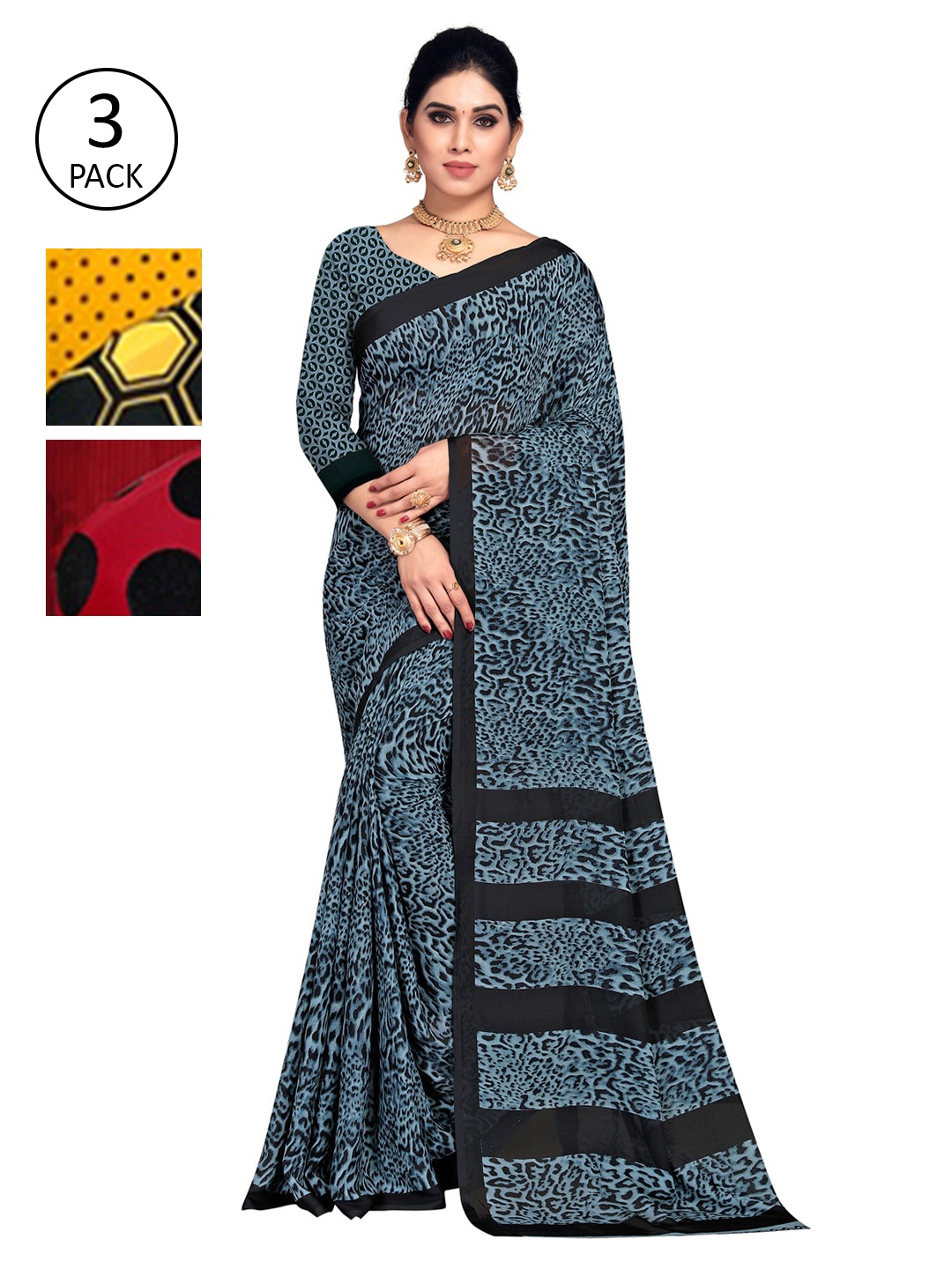 

KALINI Pack of 3 Printed Sarees, Blue