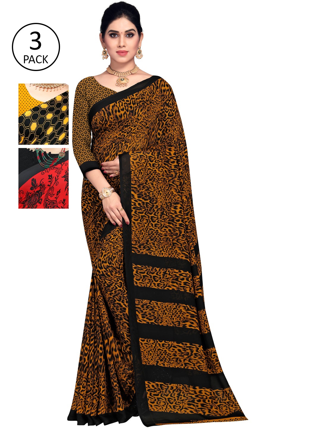 

KALINI Pack of 3 Poly Georgette Sarees, Red