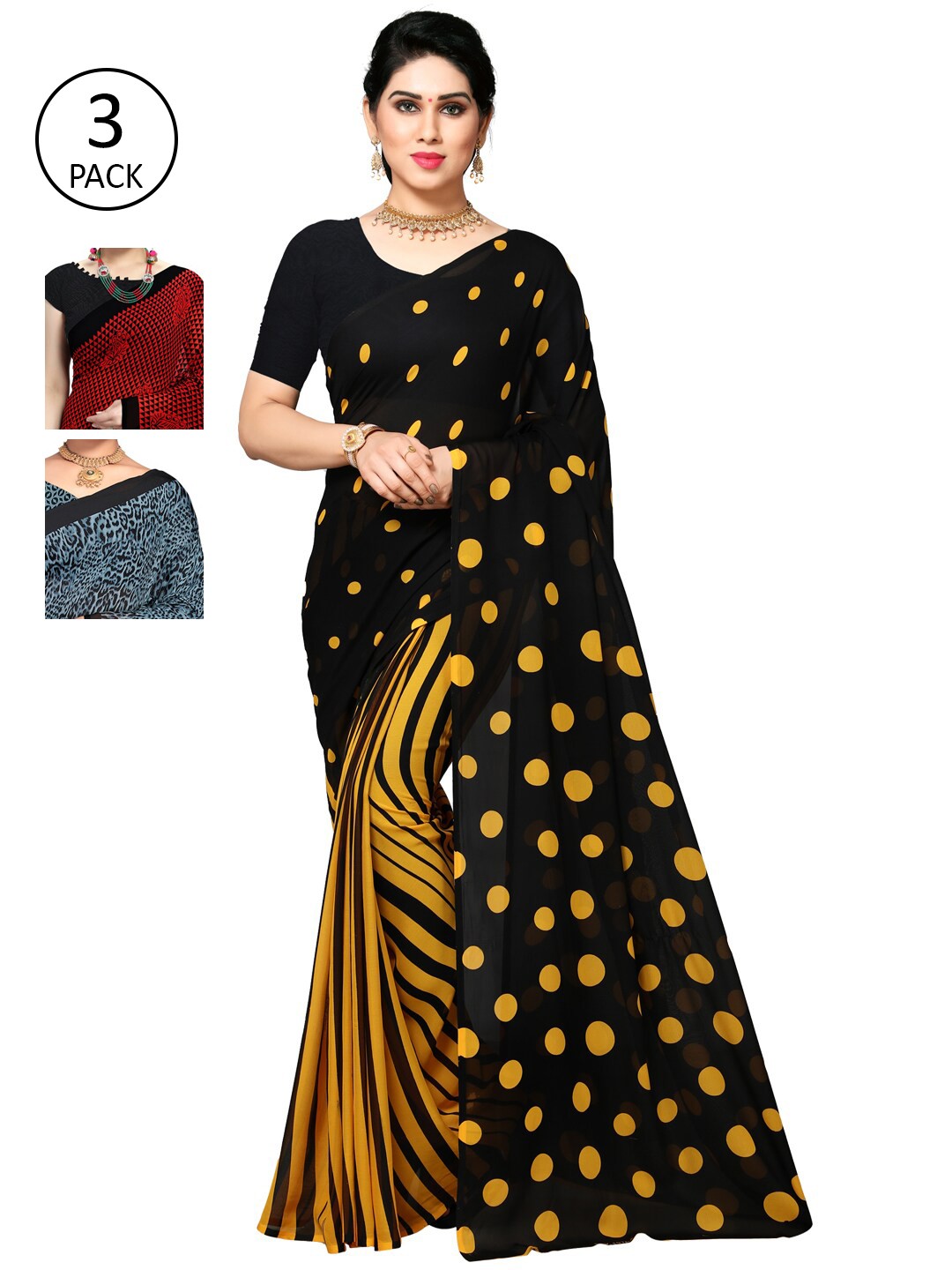 

KALINI Pack of 3 Poly Georgette Printed Sarees, Mustard