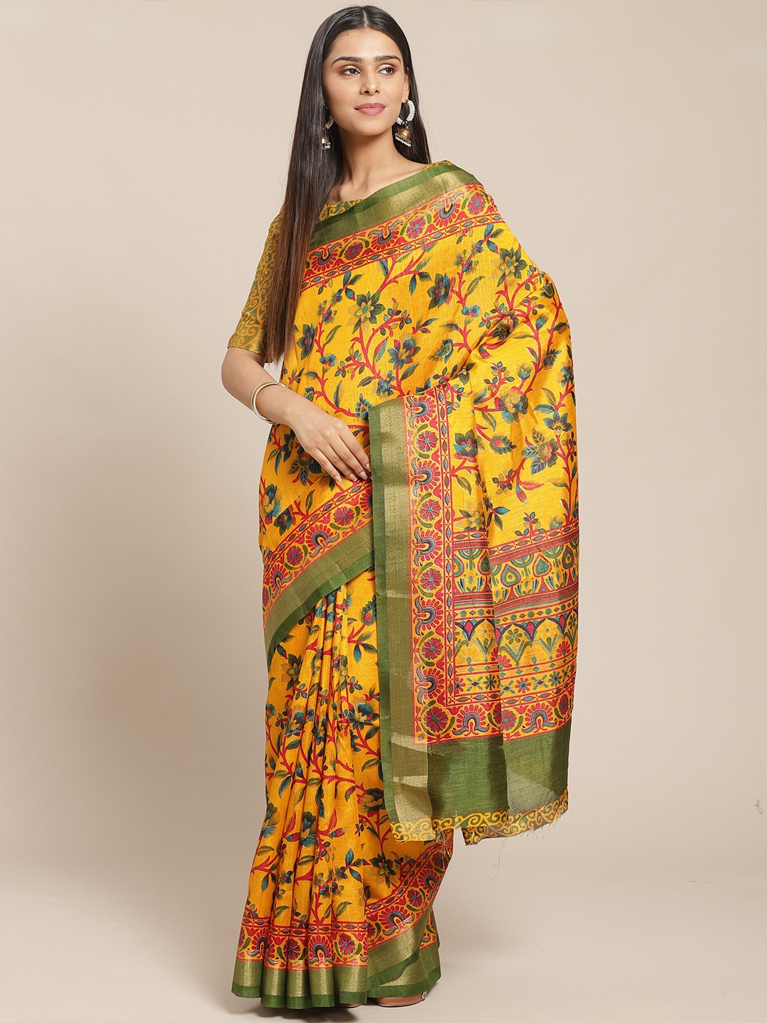 

Saree mall Mustard & Green Floral Silk Cotton Sarees