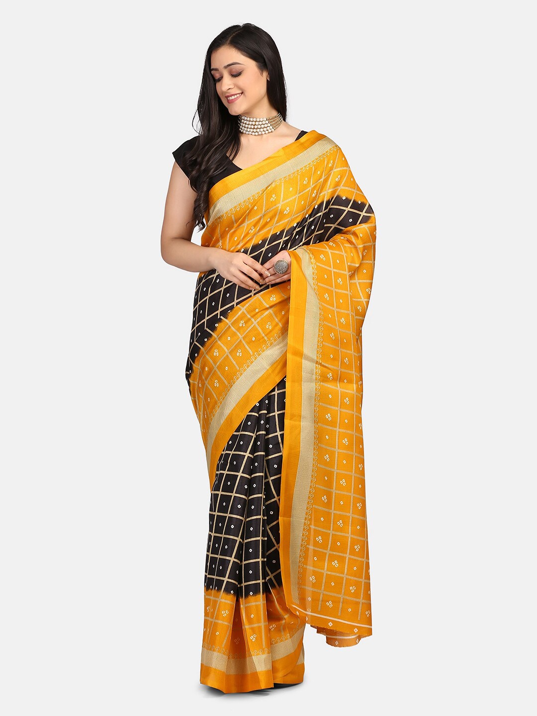 

Mirraw Black & Yellow Bandhani Pure Georgette Saree