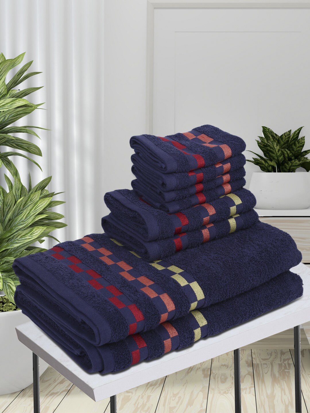 

BIANCA Set Of 8 Navy Blue & Red Striped 450 GSM Pure Combed Cotton Towels
