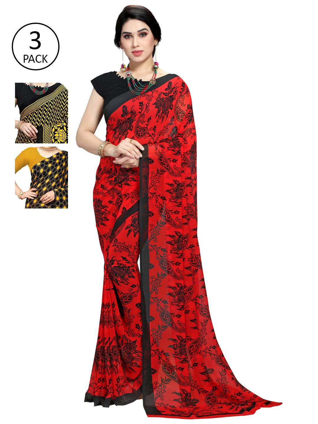 

KALINI Pack Of 3 Poly Georgette Sarees, Red