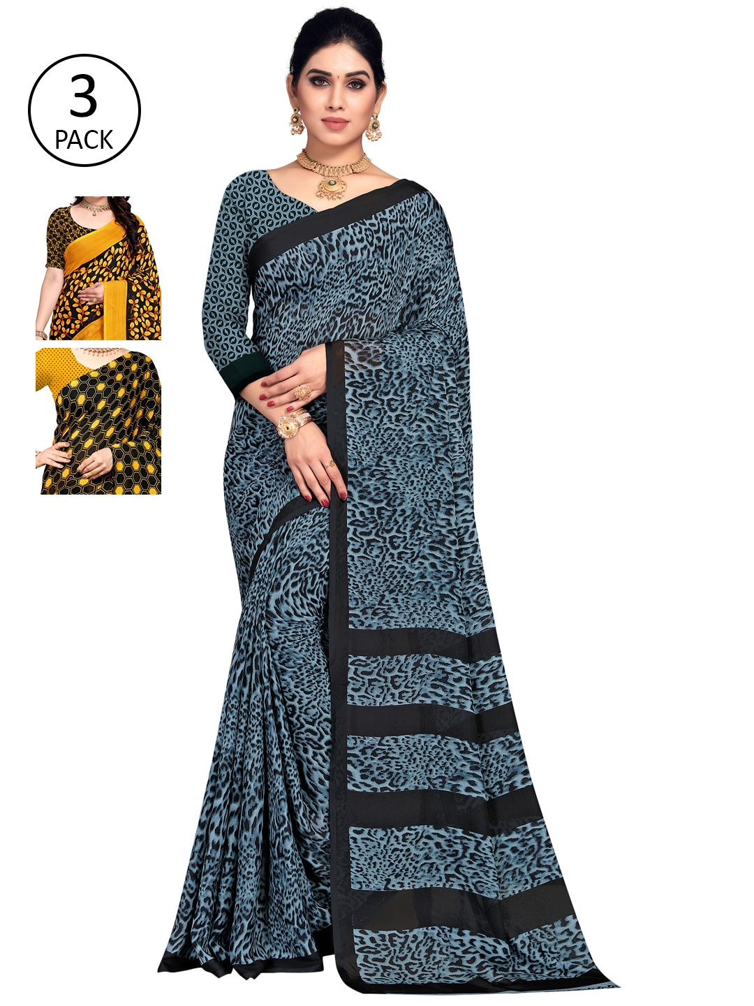 

KALINI Yellow & Black Batik Pack of 3 Saree