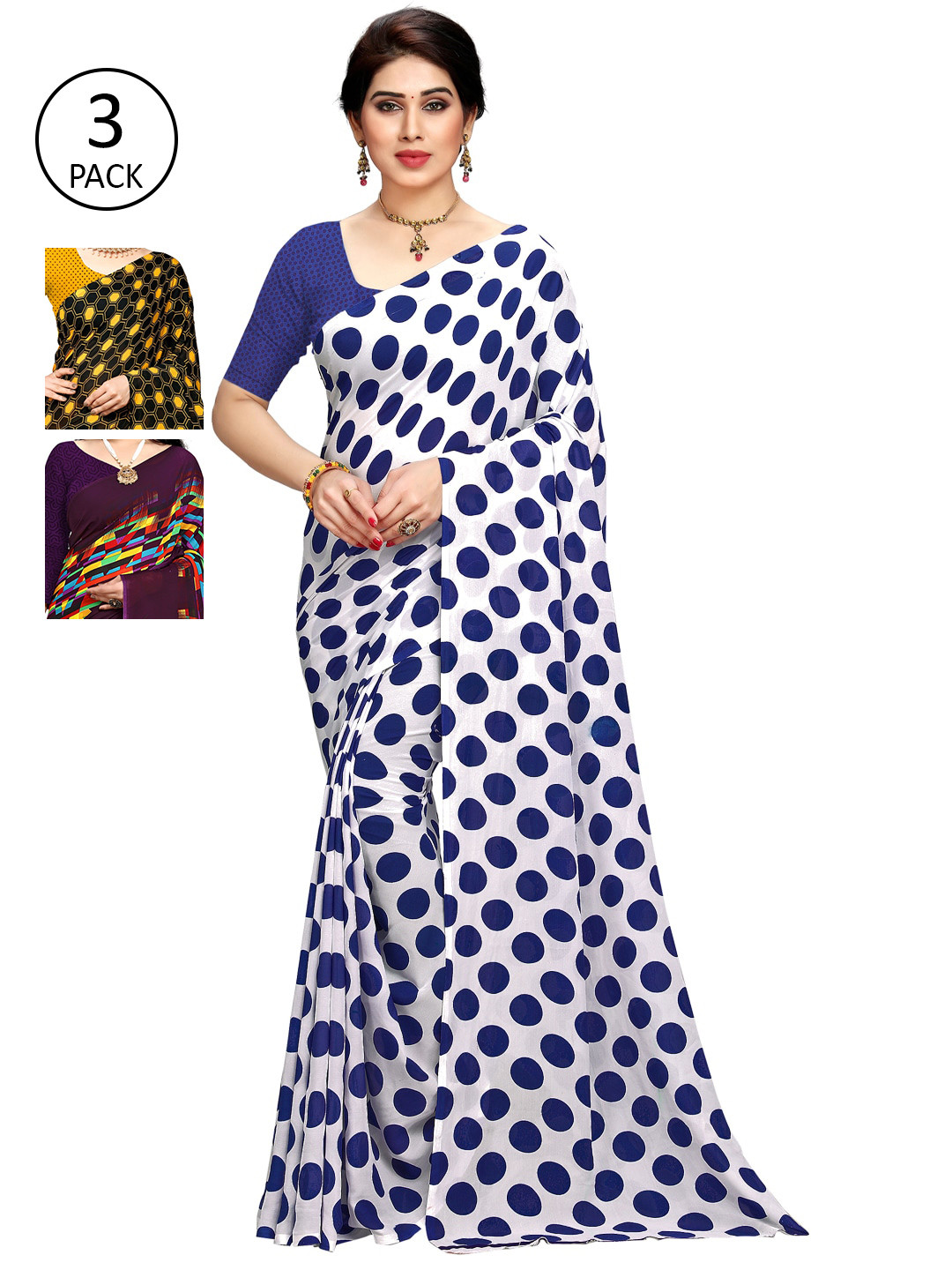 

KALINI Pack of 3 Printed Sarees, White