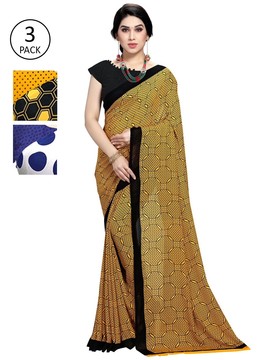 

KALINI Pack of 3 Printed Sarees, Mustard