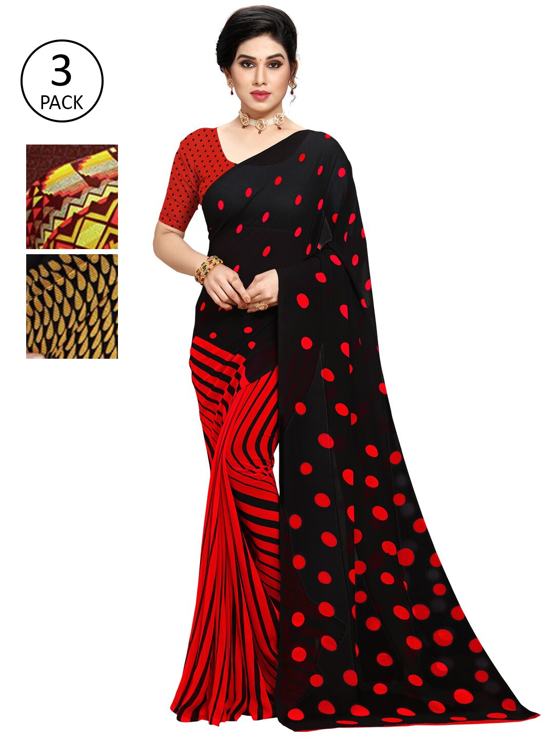 

KALINI Pack of 3 Poly Georgette Sarees, Red