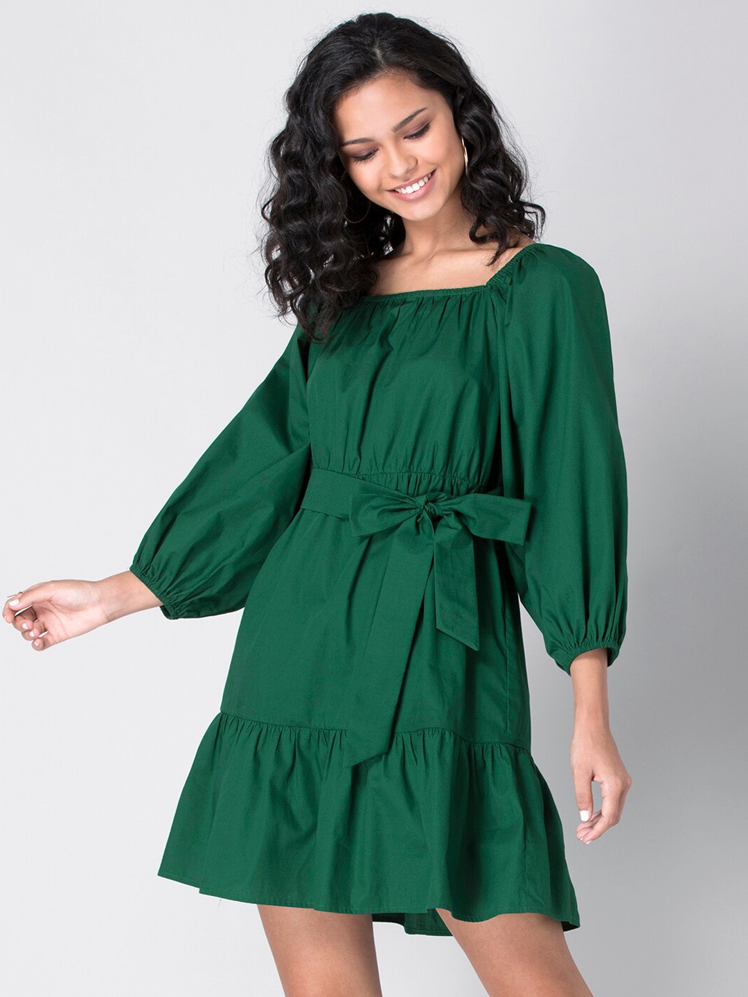 

FabAlley Women Green Flounce A-Line Dress