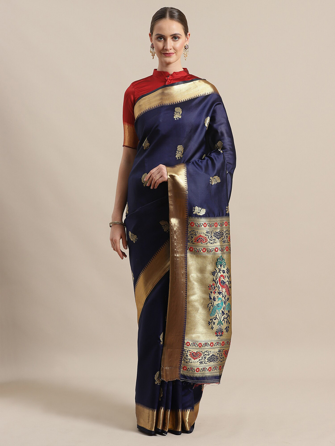 

Saree mall Navy Blue & Gold-Toned Woven Design Zari Silk Blend Sarees