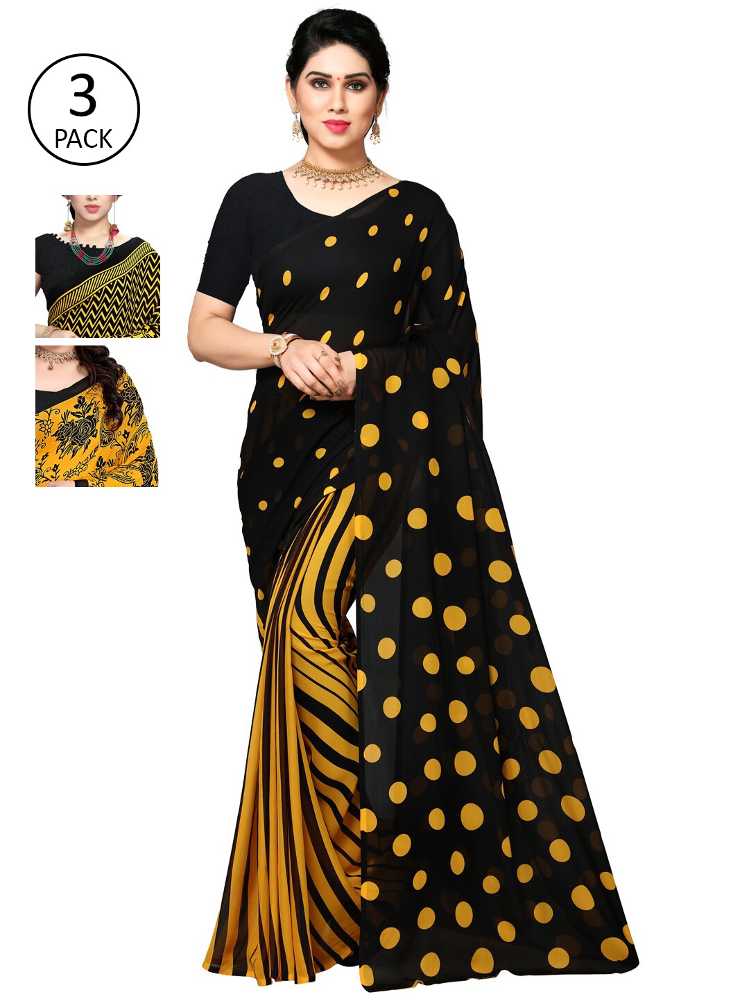 

KALINI Pack Of 3 Yellow & Black Saree