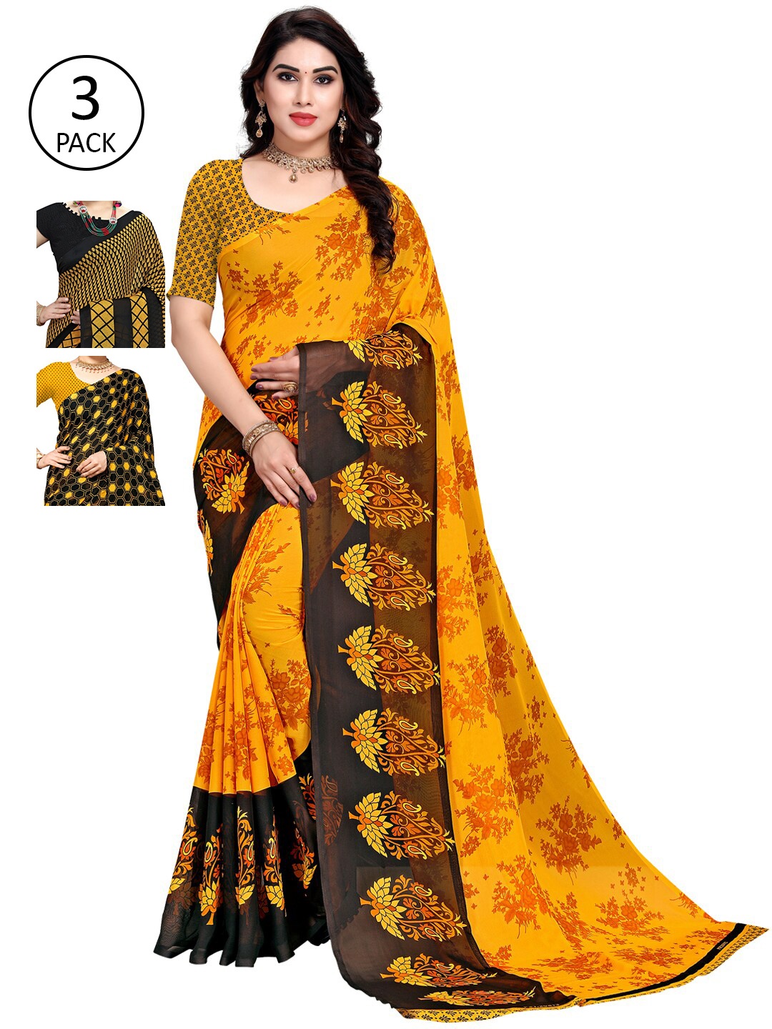 

KALINI Yellow & Black Pack of 3 Saree