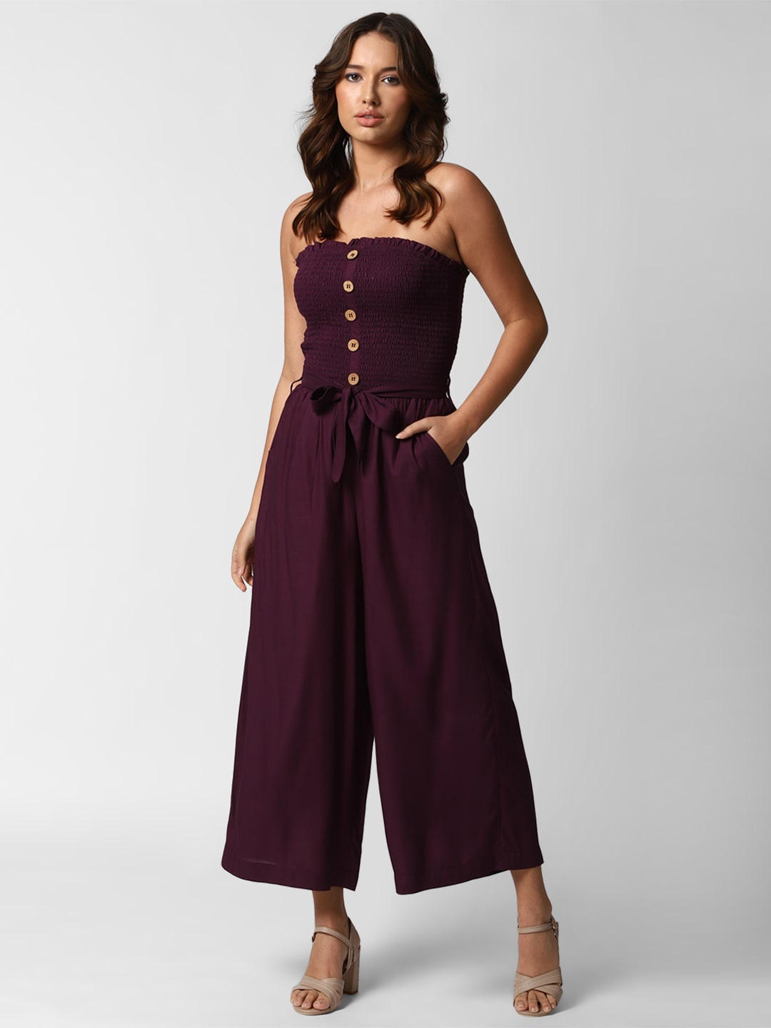 

FOREVER 21 Burgundy Off-Shoulder Smocked Jumpsuit