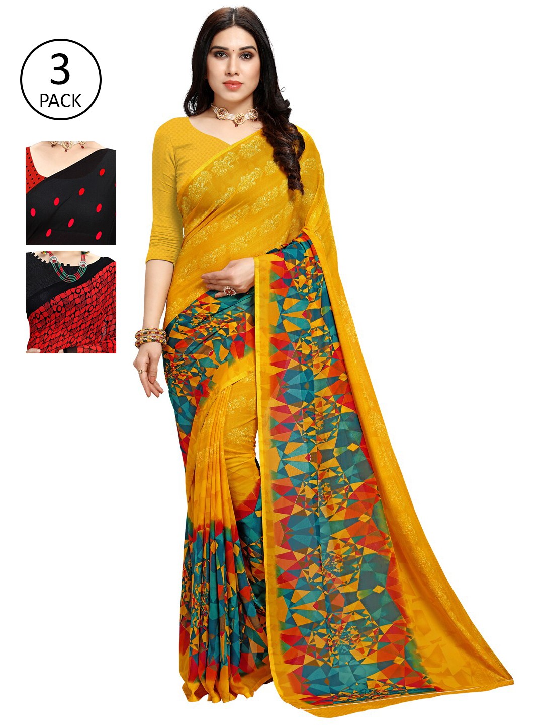 

KALINI Pack of 3 Poly Georgette Printed Sarees, Mustard