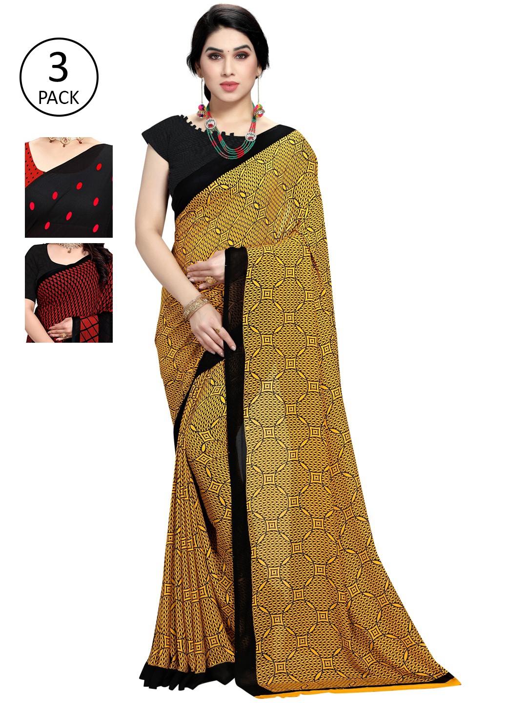 

KALINI Women Pack of 3 Printed Poly Georgette Sarees, Yellow