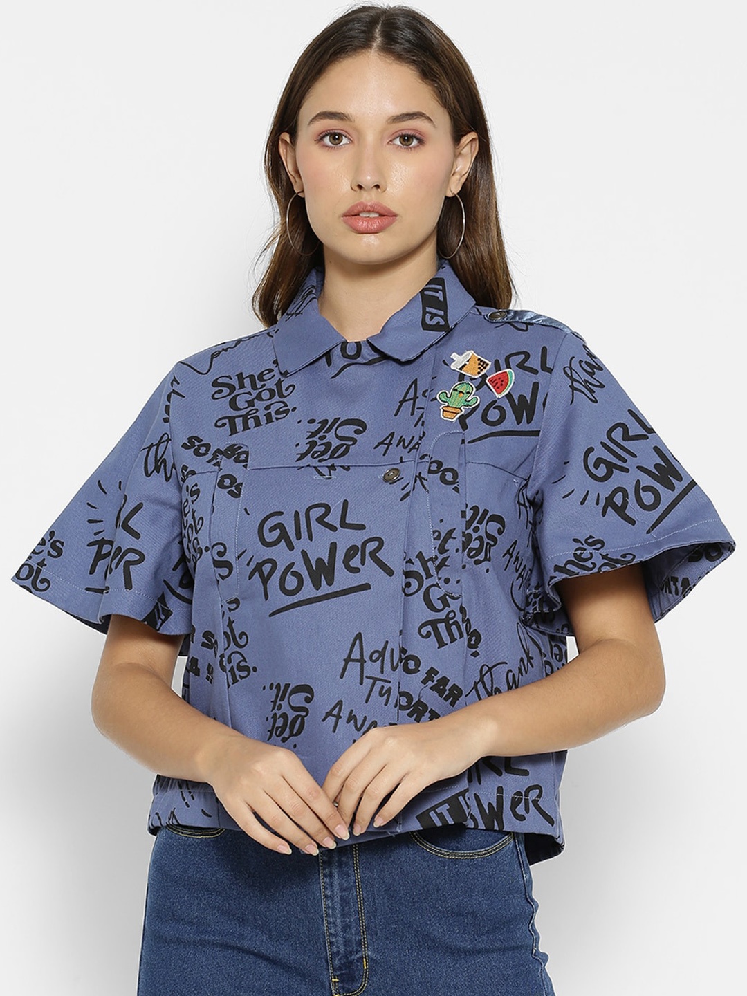 

FOREVER 21 Women Blue & Black Typography Crop Tailored Jacket, Multi
