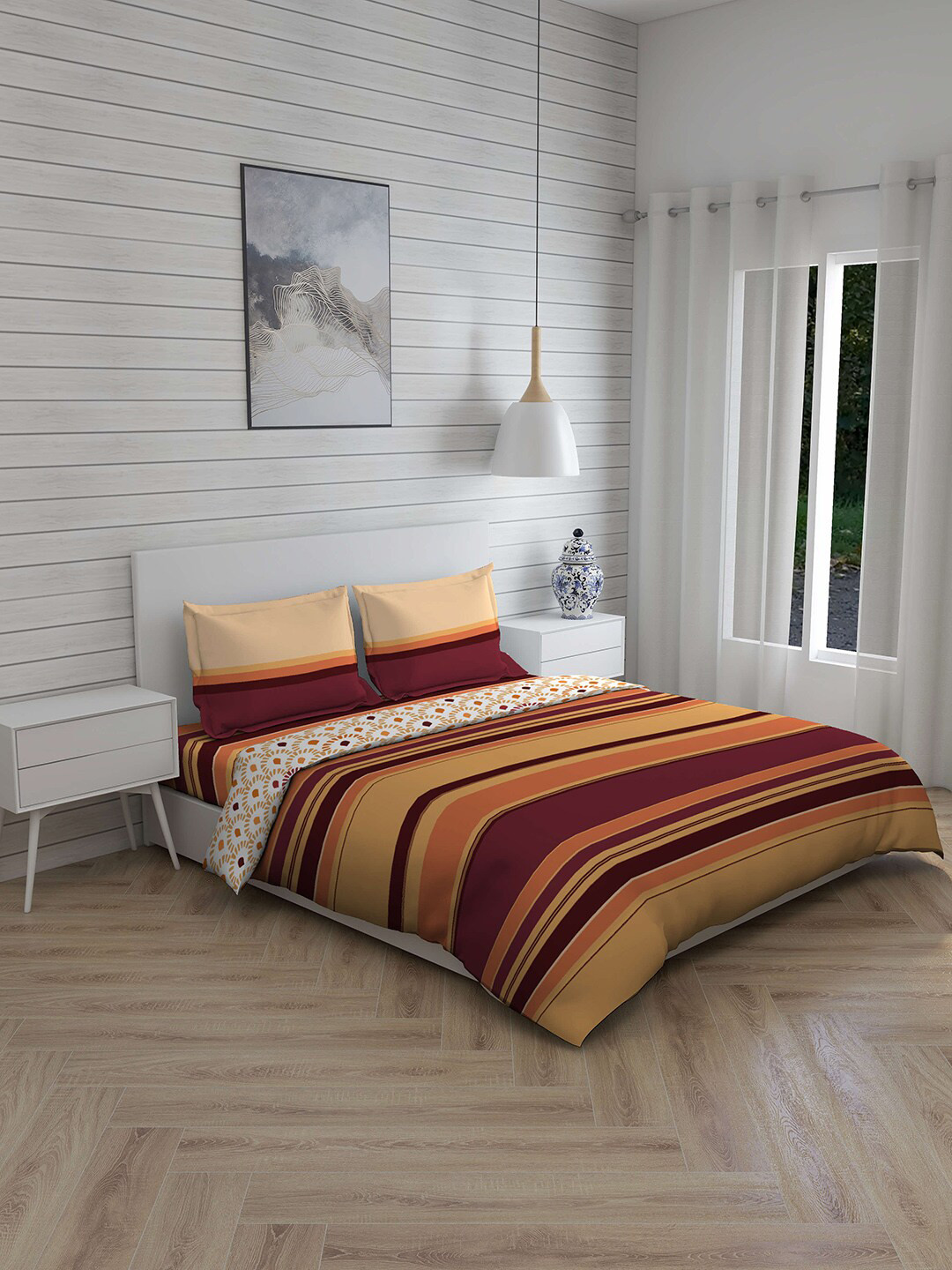 

Layers Beige Striped Double Bedding Set With Pillow Covers & Comforter