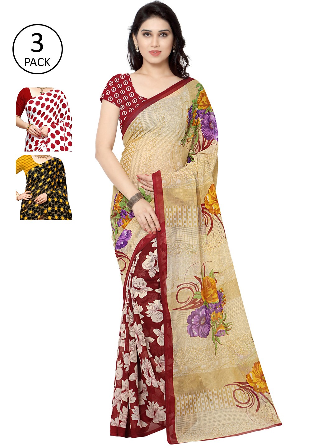 

KALINI Yellow & Beige Pack of 3 Printed Saree