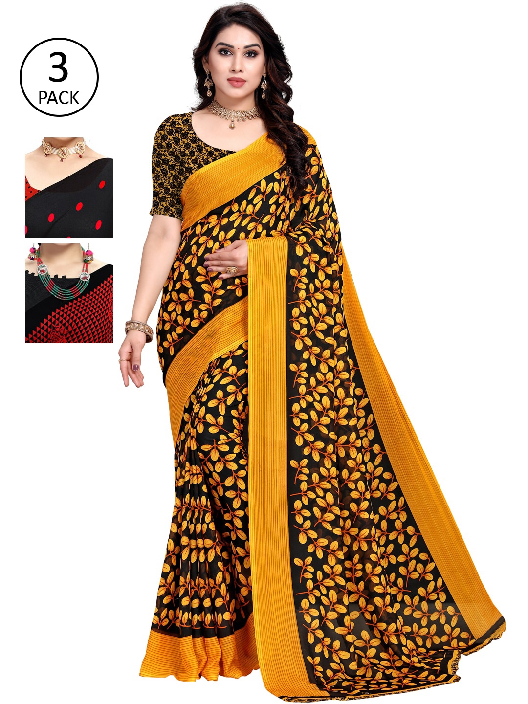 

KALINI Red & Black Pack of 3 Printed Saree
