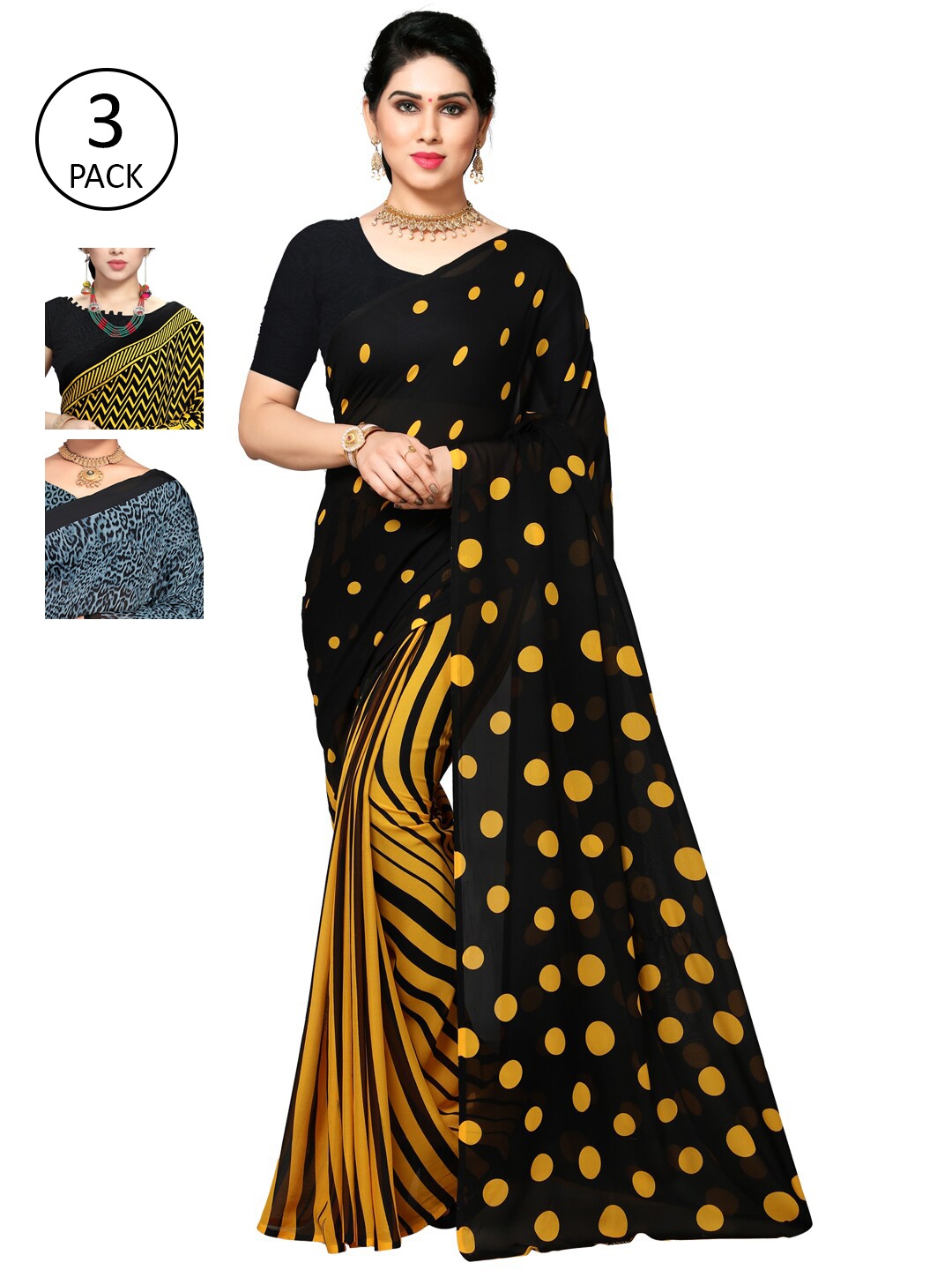 

ANAND SAREES Black & Yellow Pack of 3 Printed Saree
