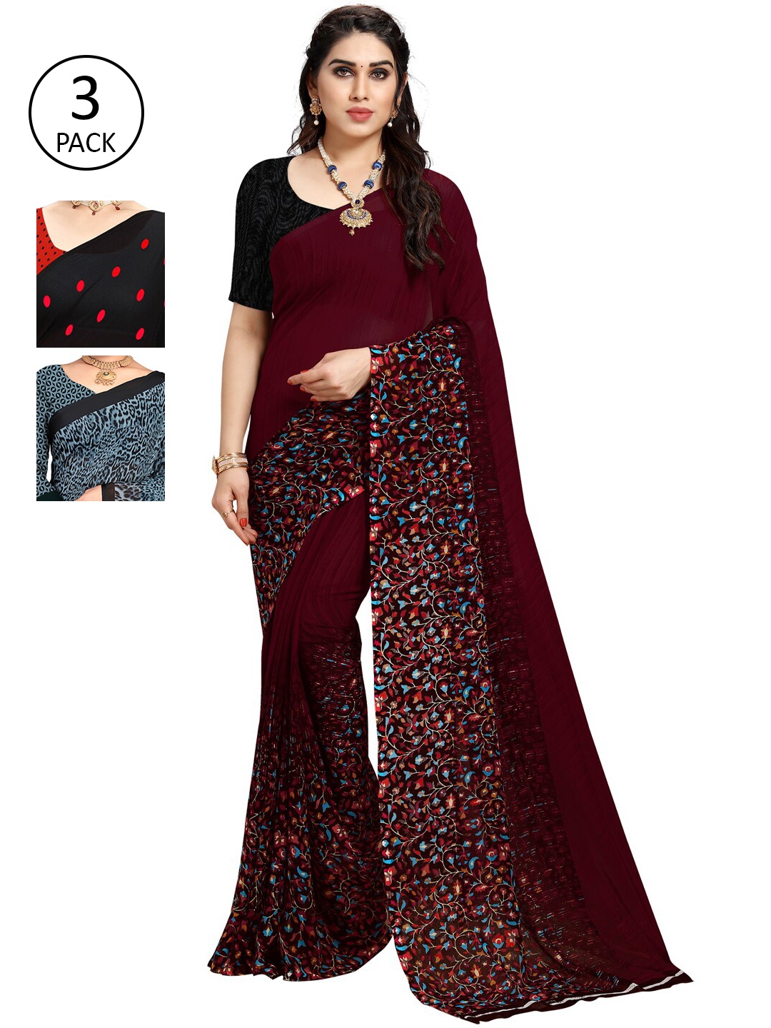 ANAND SAREES Women Pack of 3 Printed Poly Georgette Sarees, Red