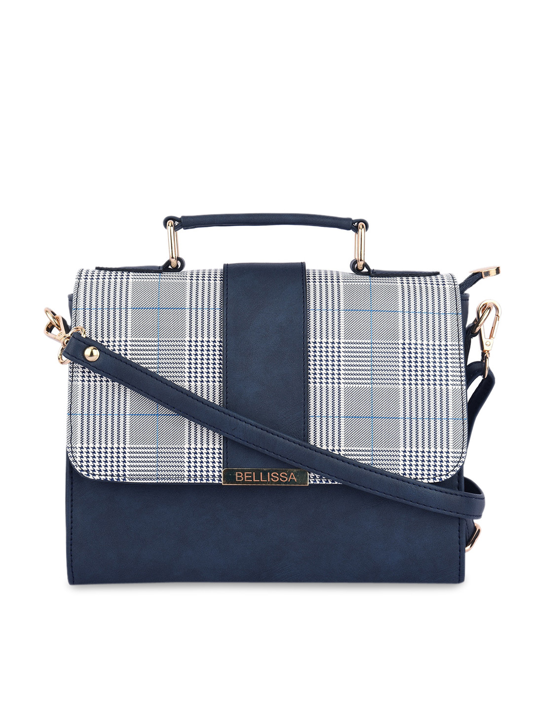 

Bellissa Blue Checked PU Bucket Handheld Bag with Applique