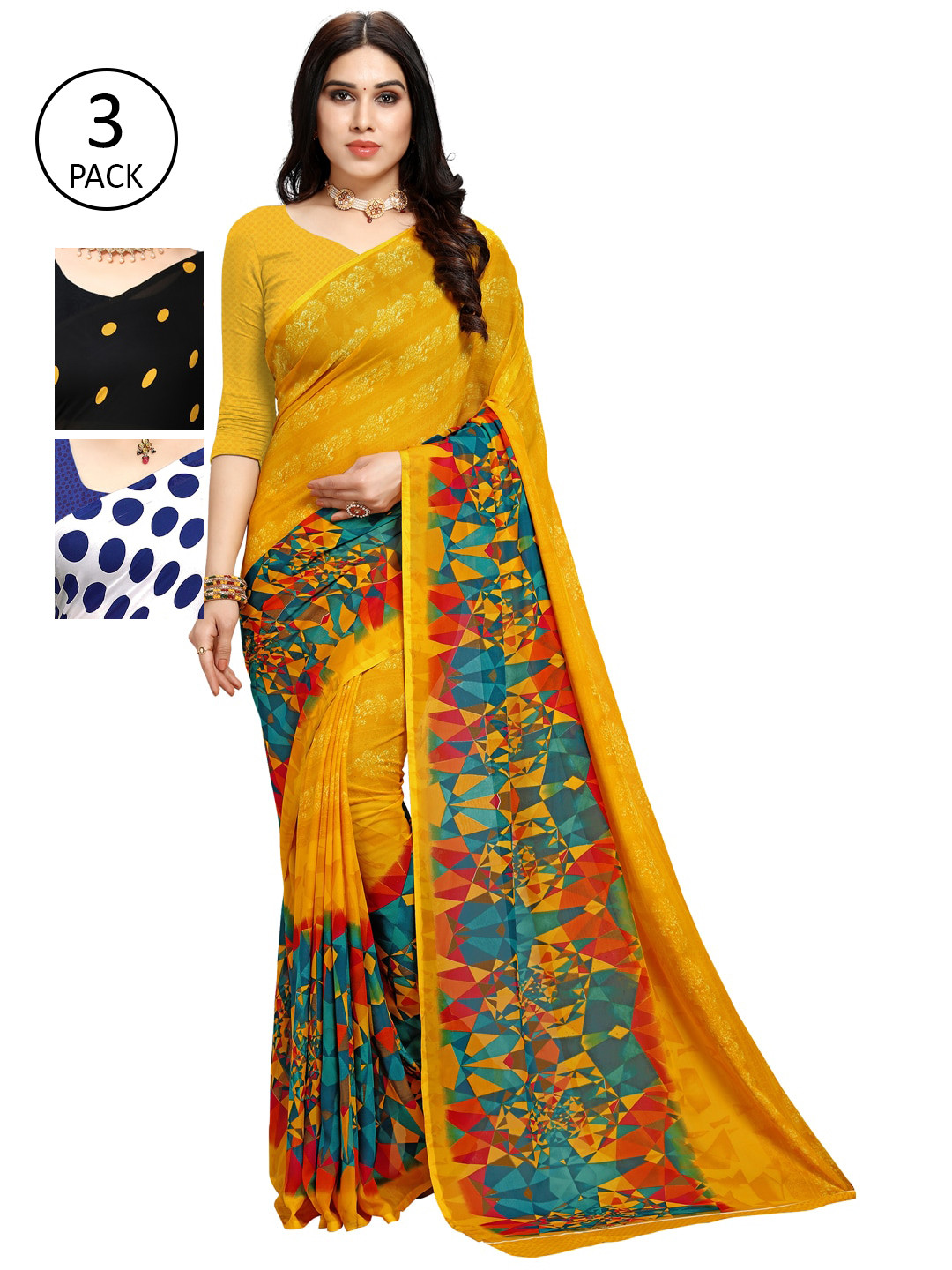 

KALINI Pack of 3 Black & Yellow Saree
