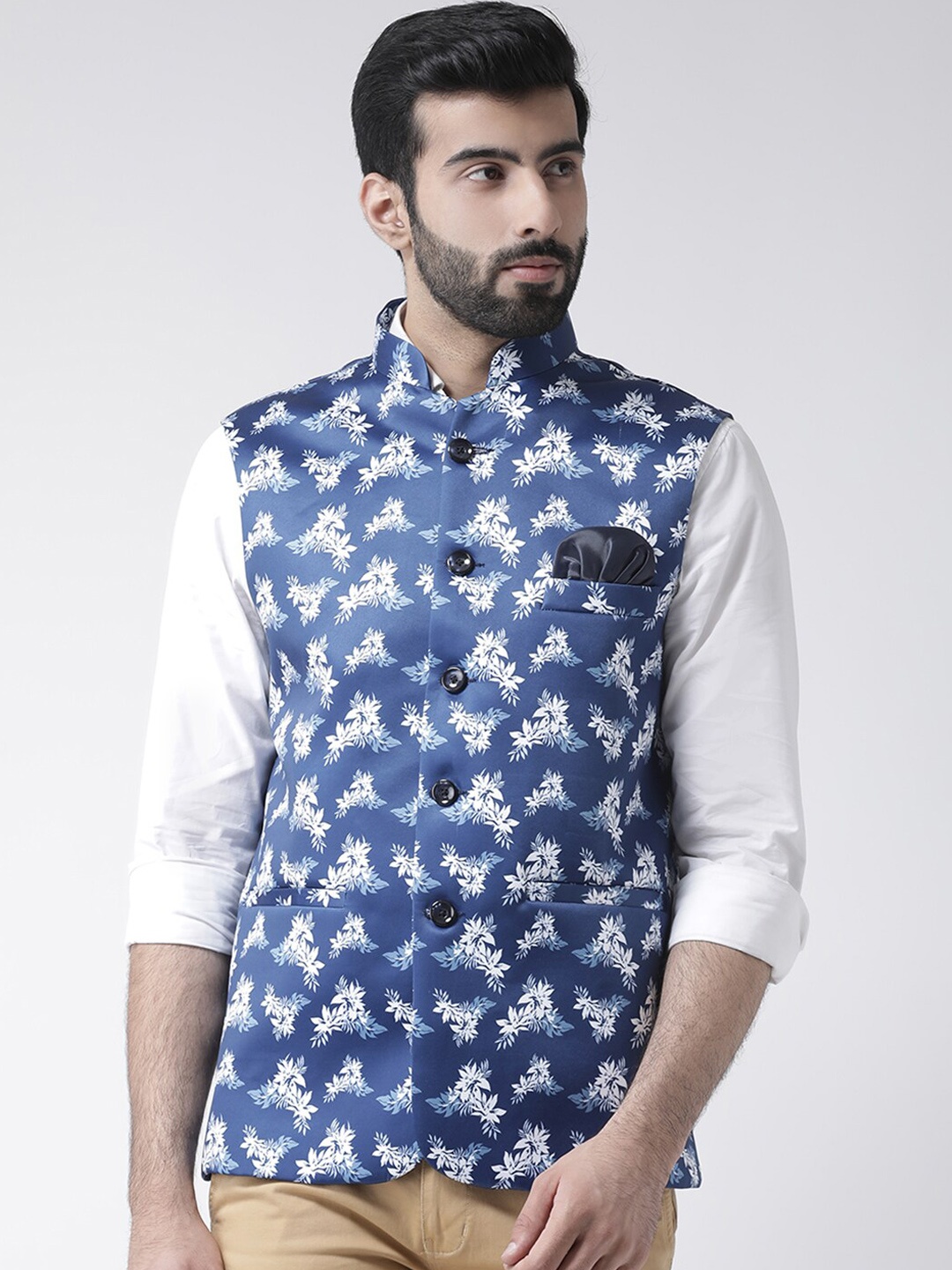 

Hangup Men Blue & White Printed Woven Nehru Jacket