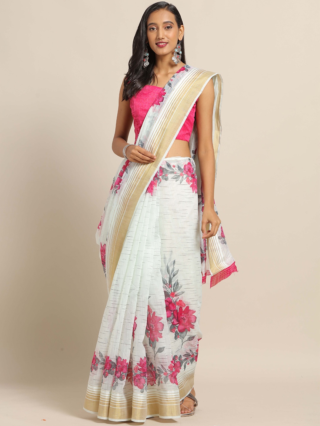 

Saree mall Green & Pink Floral Linen Blend Sarees