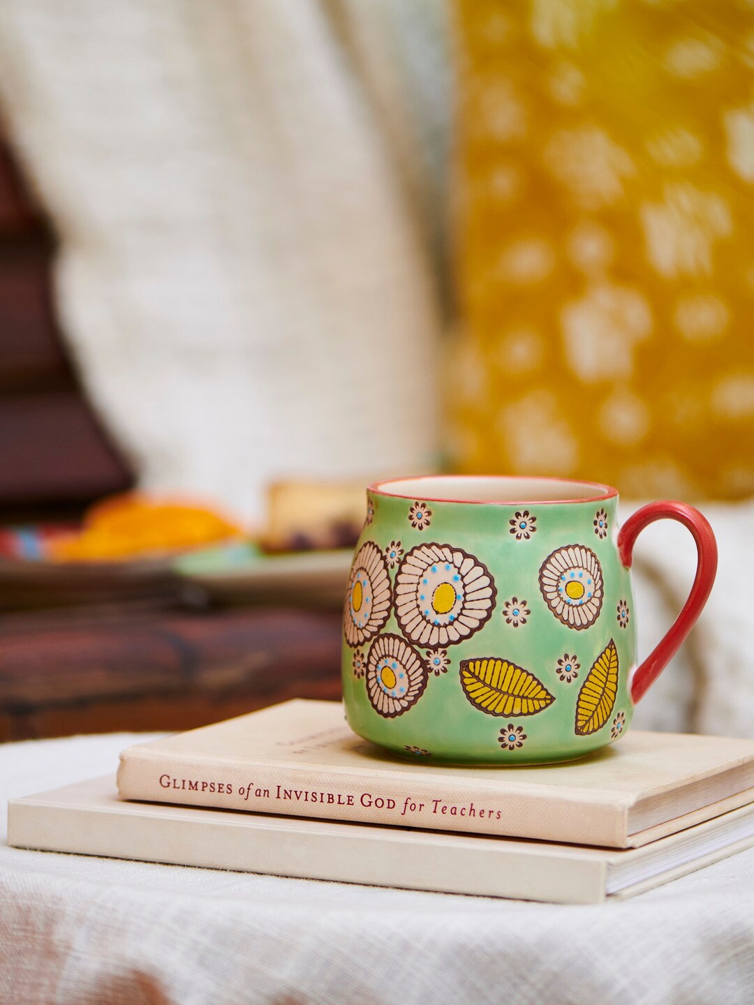 Chumbak Teal Green & Yellow Printed Ceramic Glossy Cup