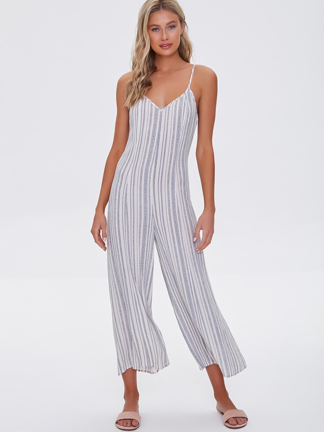 

FOREVER 21 White & Grey Striped Cami Jumpsuit