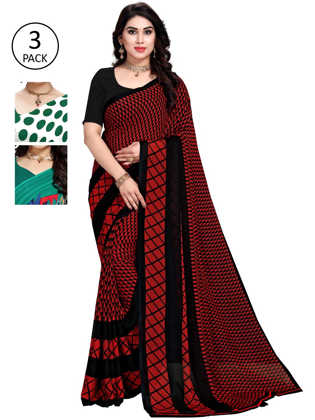 

KALINI Women Pack of 3 Printed Poly Georgette Sarees, Green