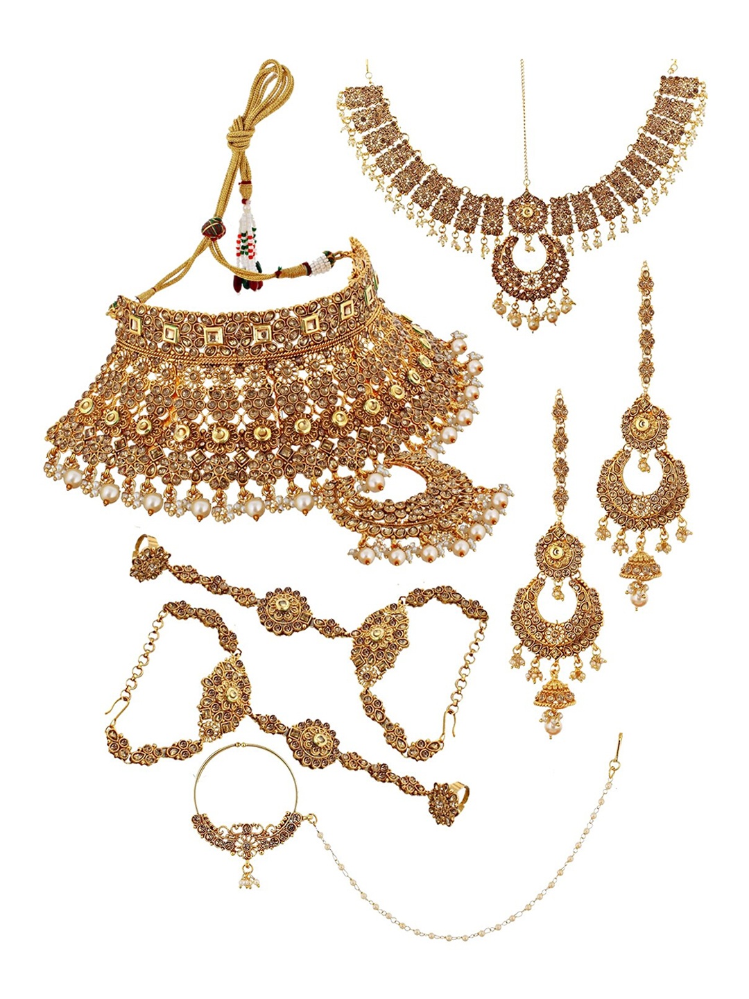 LUCKY JEWELLERY Gold-Plated & Off White Pearl Beaded Handcrafted Bridal Jewellery Set