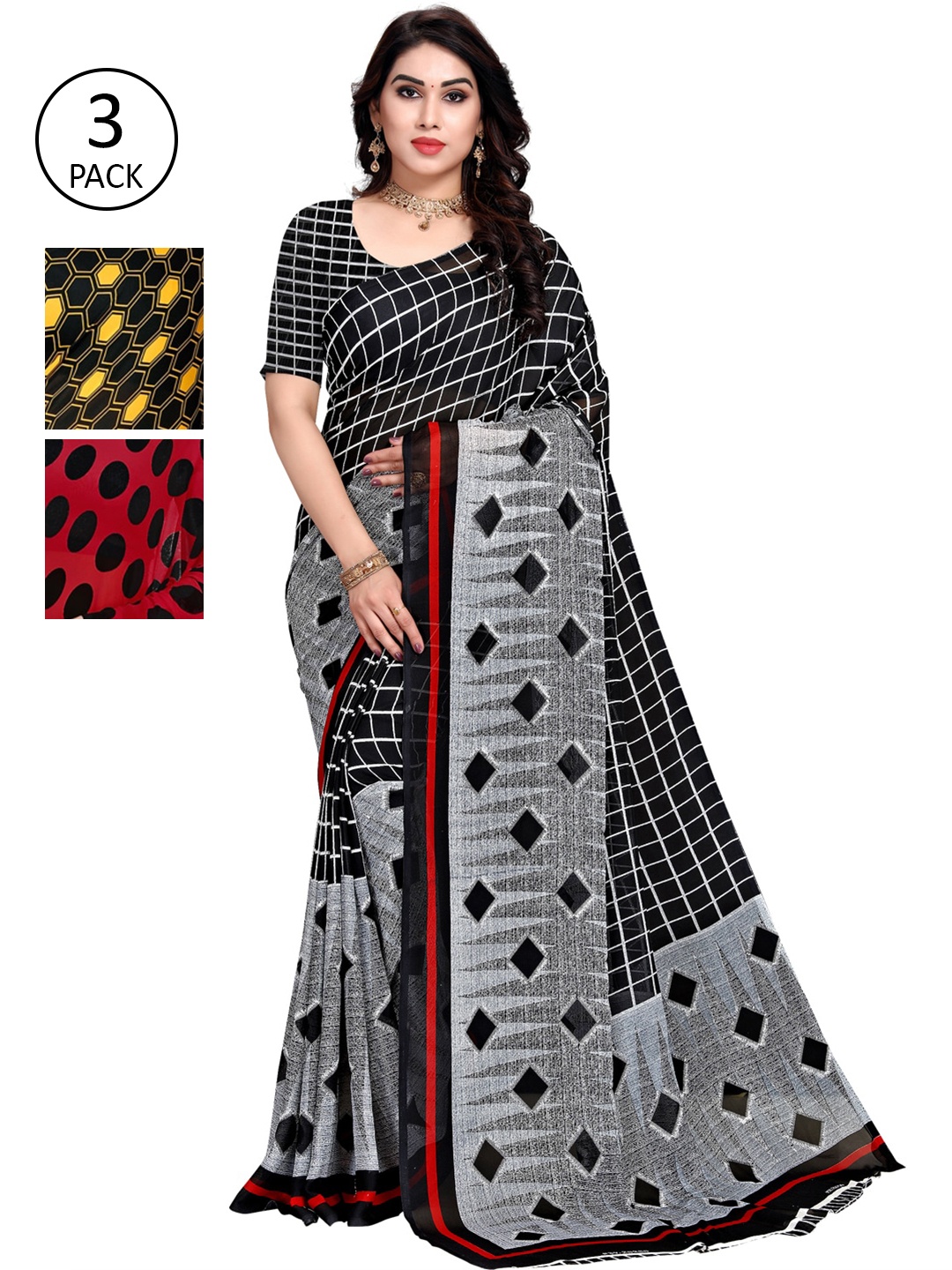 

KALINI Pack Of 3 Multicoloured Poly Georgette Sarees, Multi