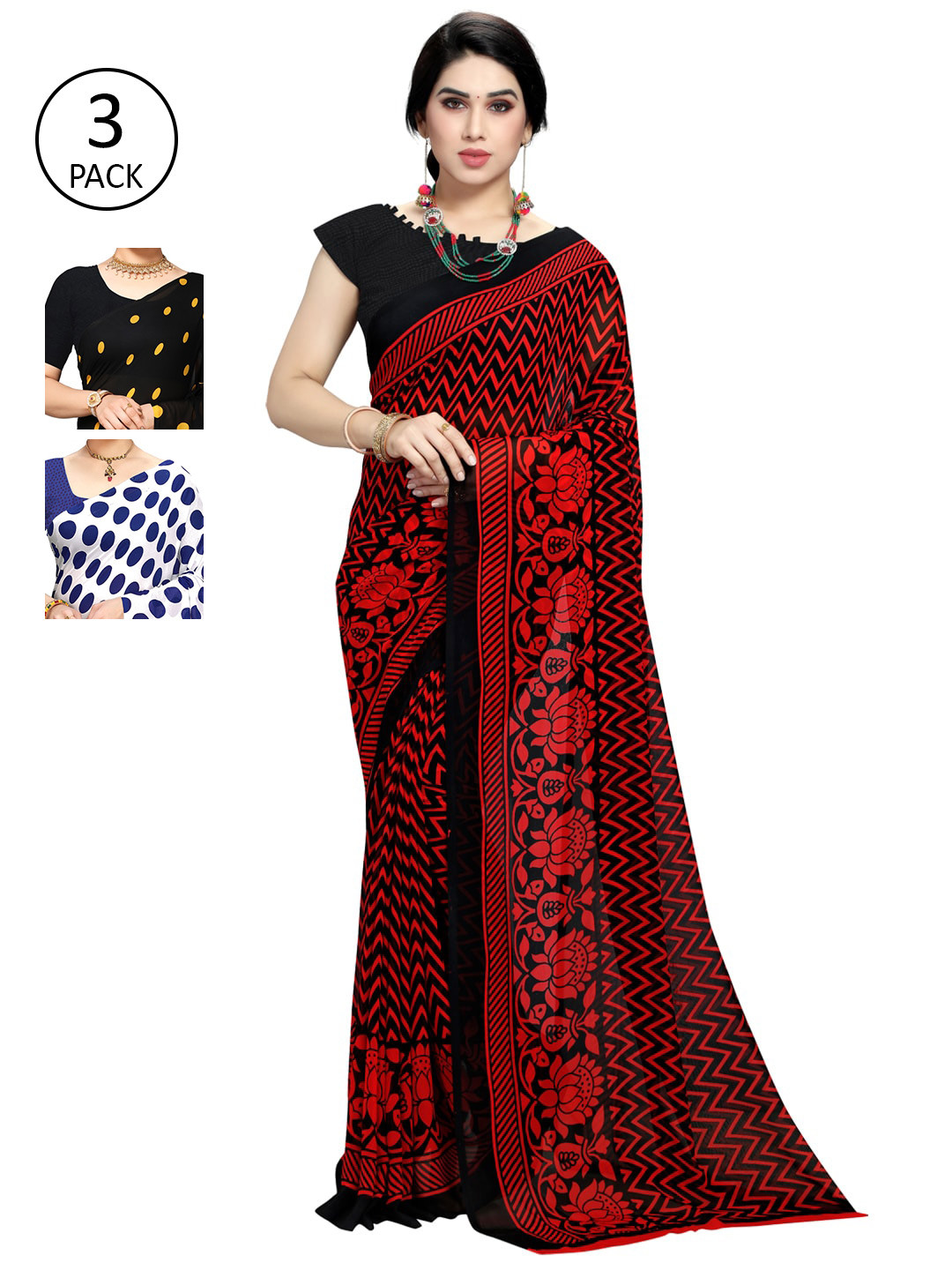 

KALINI Pack of 3 Poly Georgette Sarees, White