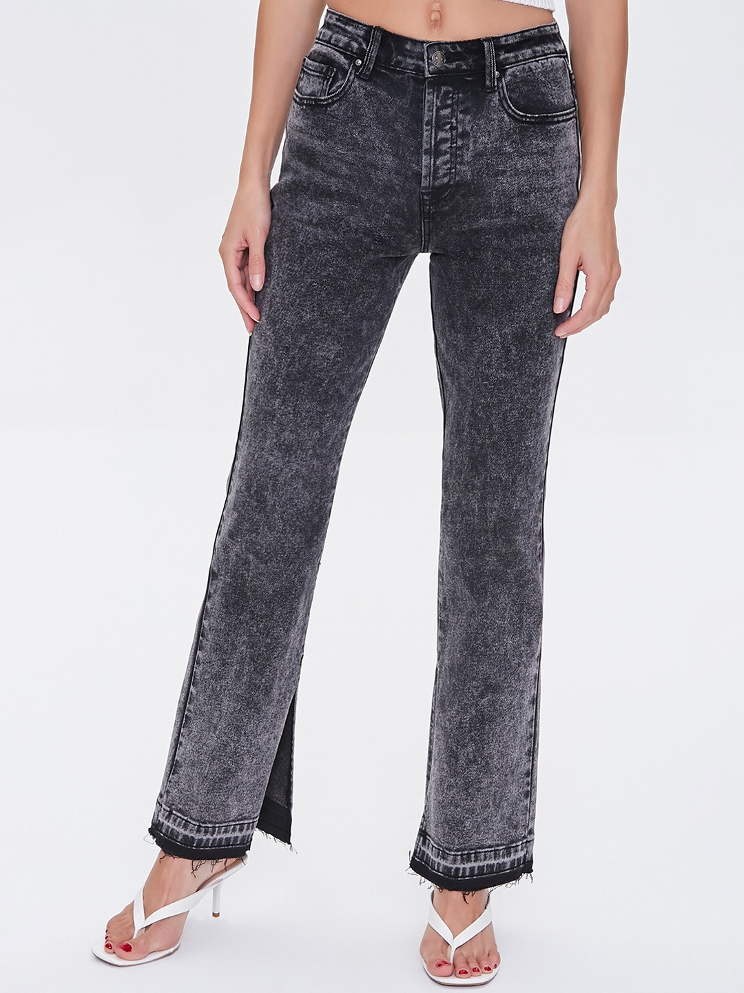 

FOREVER 21 Women Black Mildly Distressed Heavy Fade Jeans