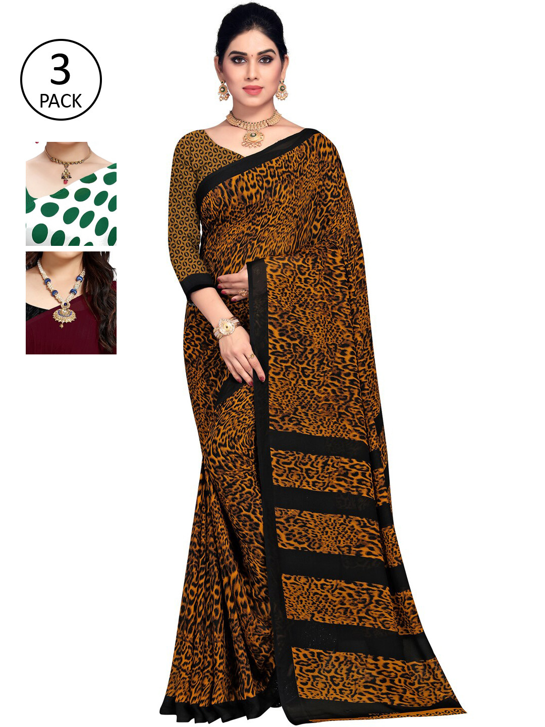 

KALINI Pack Of 3 Poly Georgette Sarees, Yellow