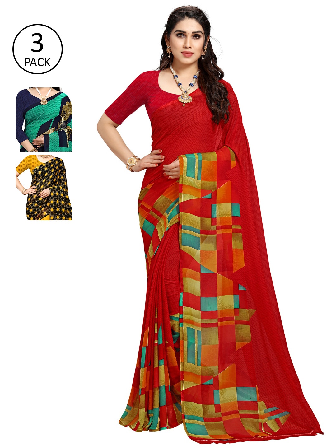 

KALINI Yellow & Black Pack of 3 Printed Saree