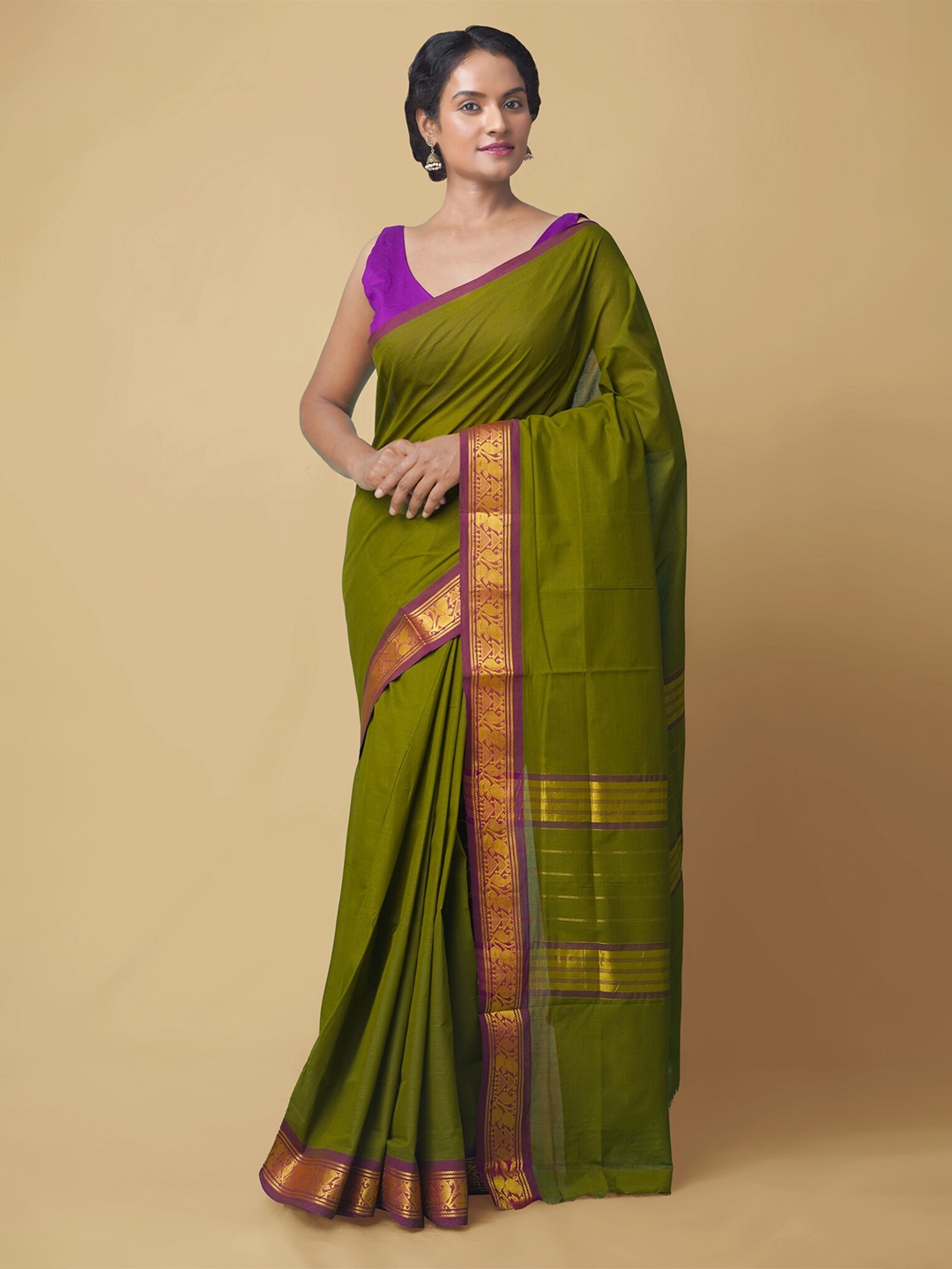 

Unnati Silks Olive & Purple Zari Pure Cotton Kanjeevaram Saree