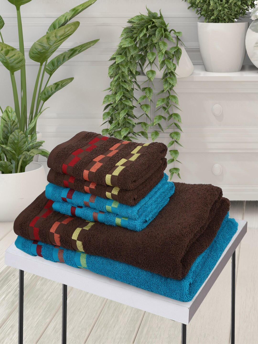 

BIANCA Set Of 6 Brown & Turquoise Blue Solid 450 GSM Pure Mercerized Combed Cotton Towels