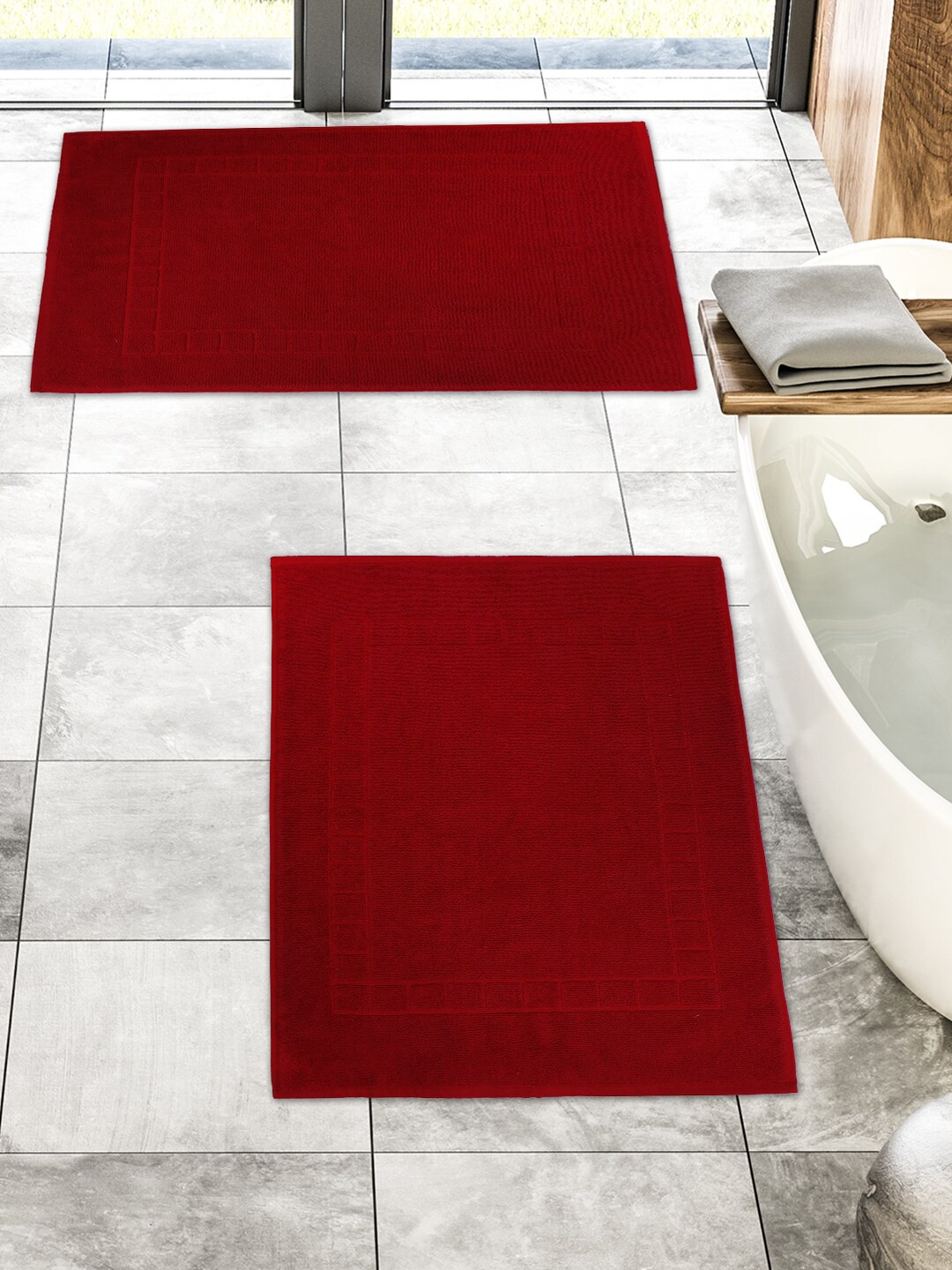 

Trident Set Of 2 Maroon Checked 1200 GSM Cotton Bath Mats, Red