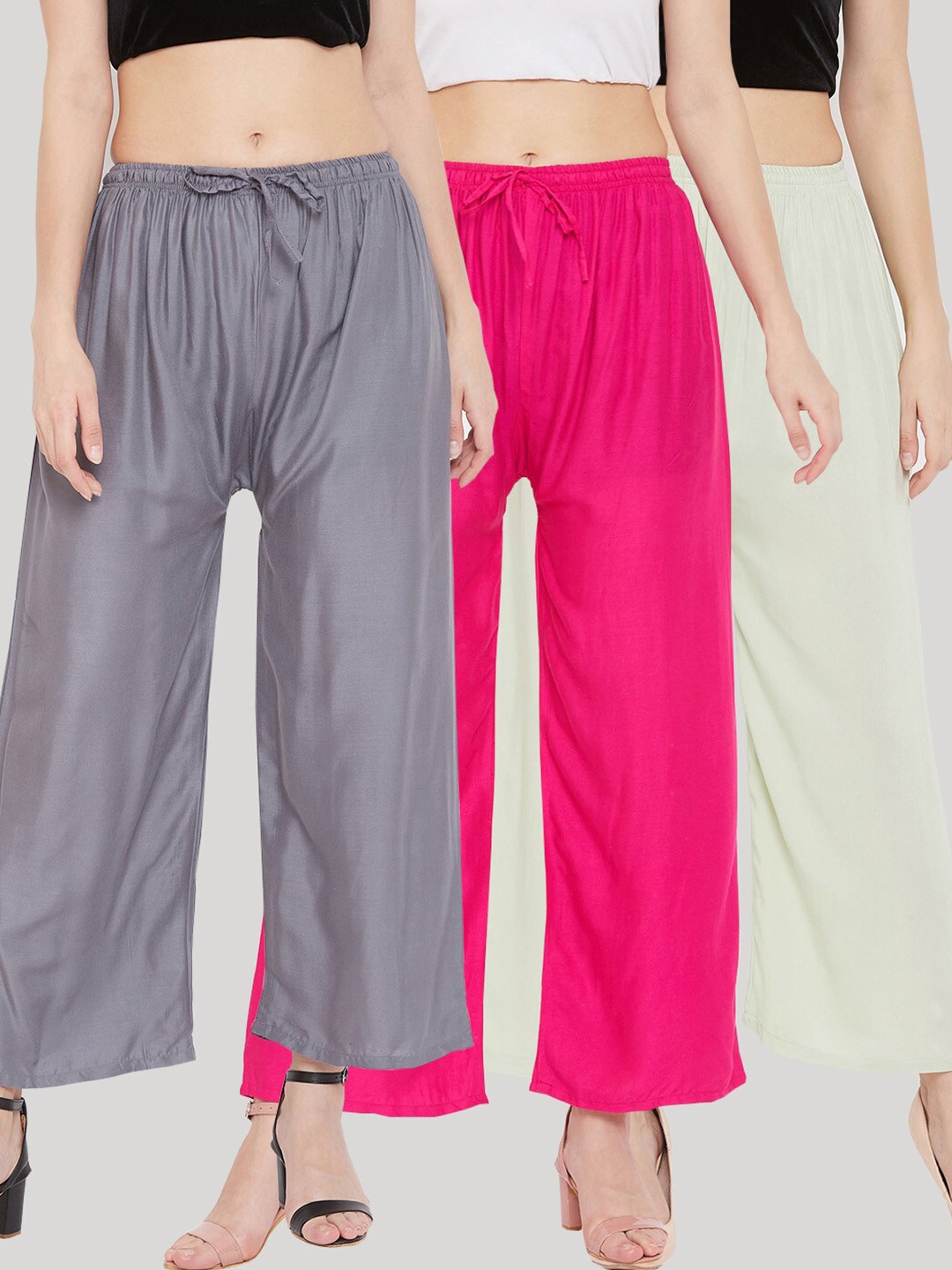 

Clora Creation Women Pack of 3 Knitted Palazzos, Grey