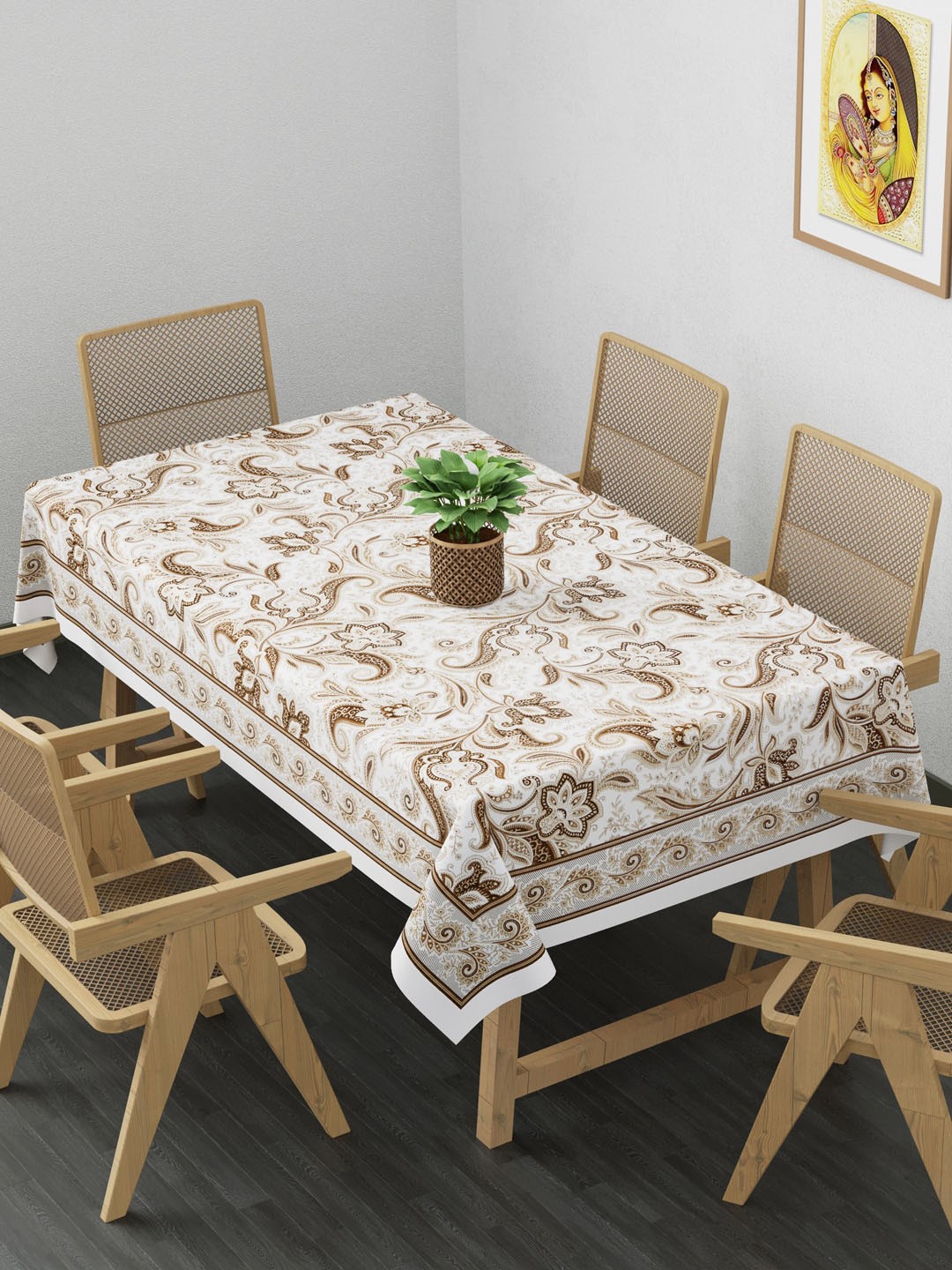 

Clasiko White & Brown Printed Pure Cotton 6-Seater Table Cover