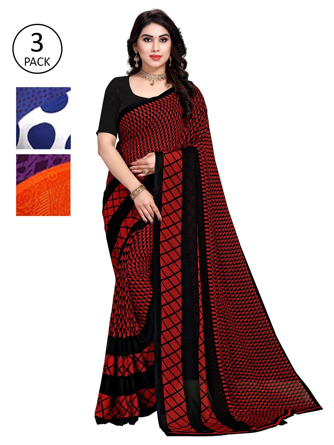 

KALINI Pack Of 3 Poly Georgette Sarees, White