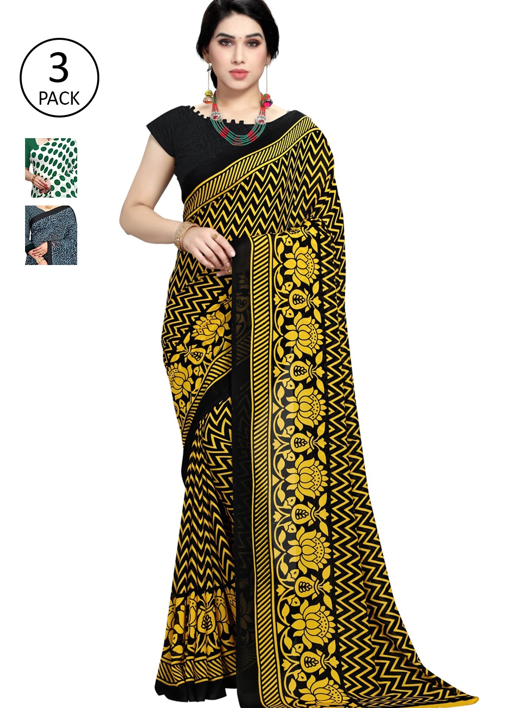 

KALINI Women Pack of 3 Printed Poly Georgette Sarees, Yellow