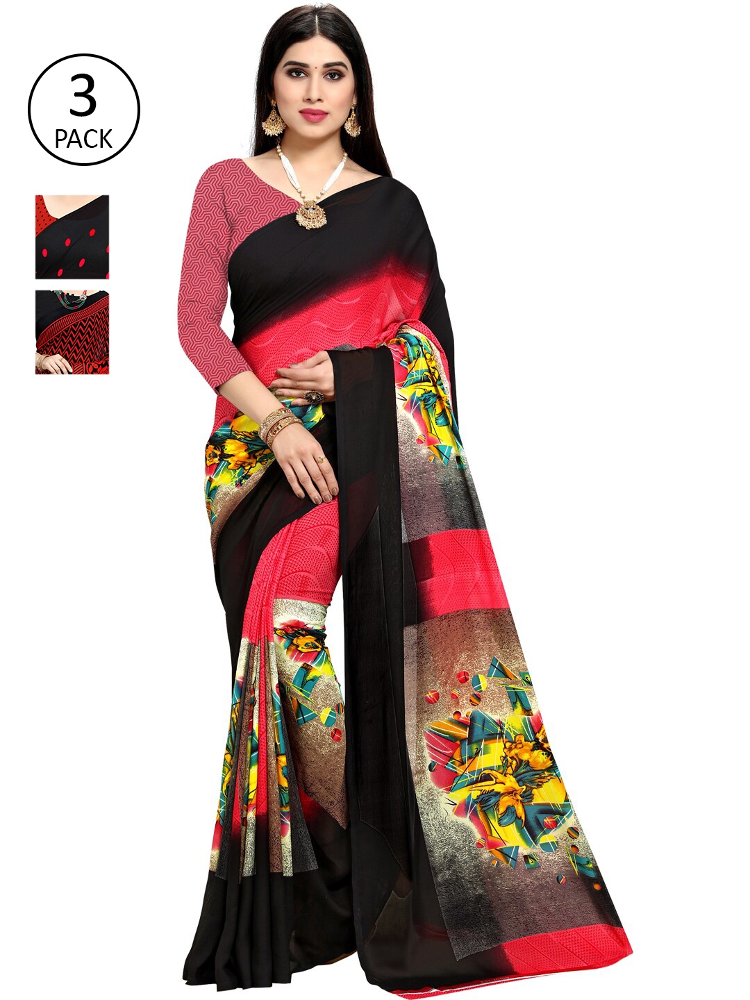

KALINI Multicoloured Set of 3 Poly Georgette Saree, Multi