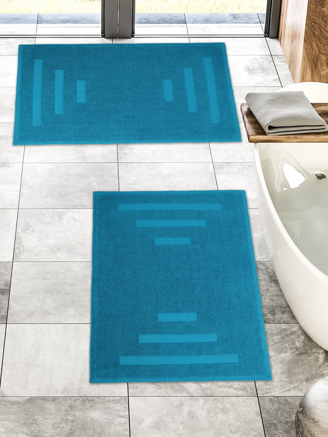 

MYTRIDENT Set Of 2 Blue Striped 1200 GSM Cotton Bath Mats