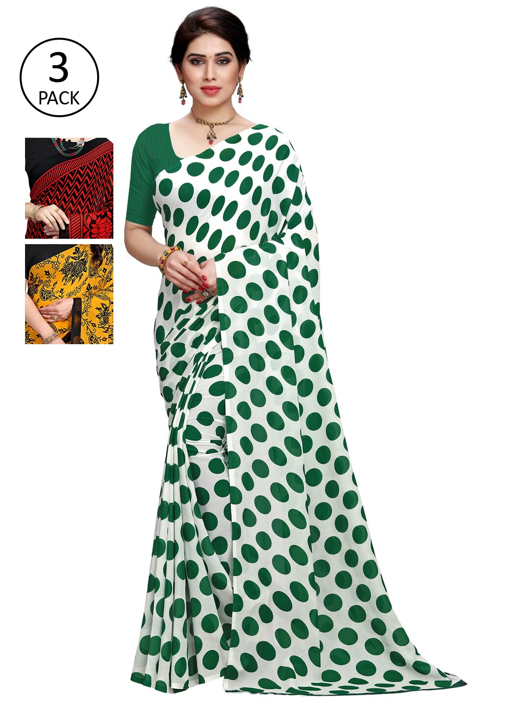 

KALINI Pack Of 3 Green & White Saree
