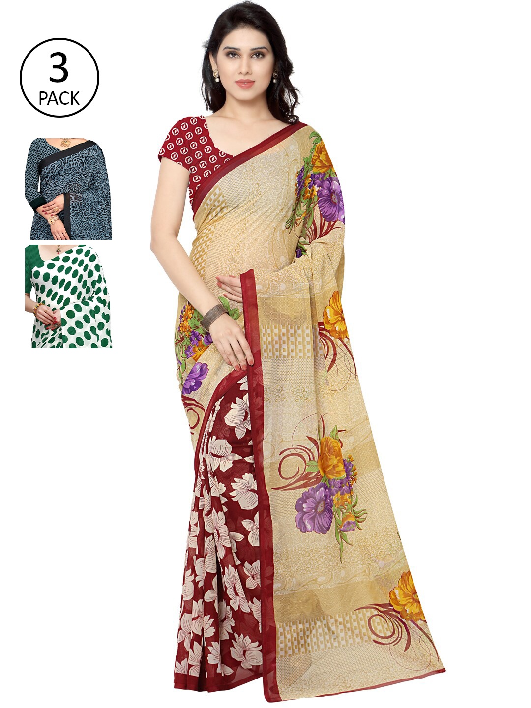 

KALINI Multicoloured Set of 3 Poly Georgette Saree, Multi
