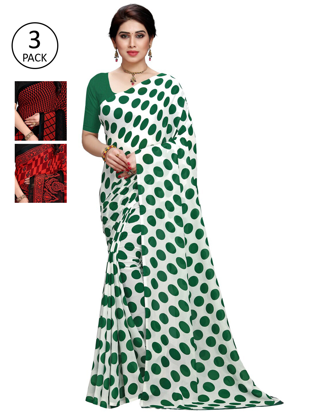

KALINI Red & Green Pack of 3 Printed Sarees