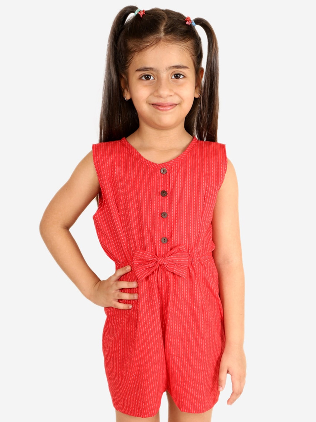 Chipbeys Girls Red & White Striped Basic Playsuit